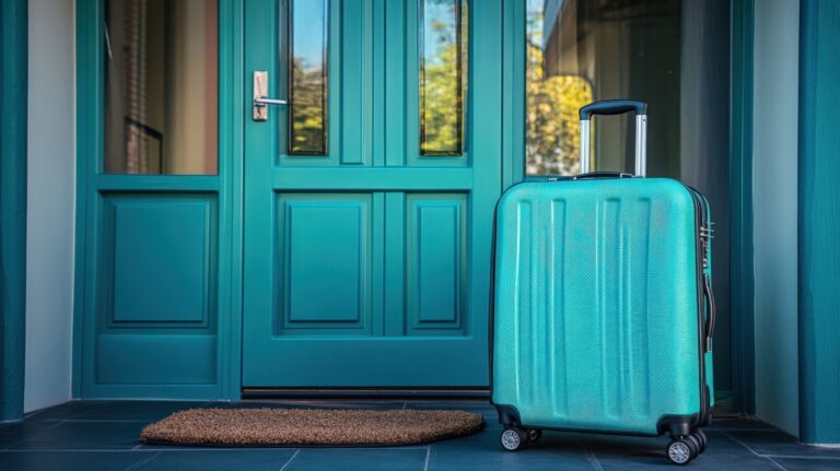 Picture of a packed suitcase next to the front door of a house